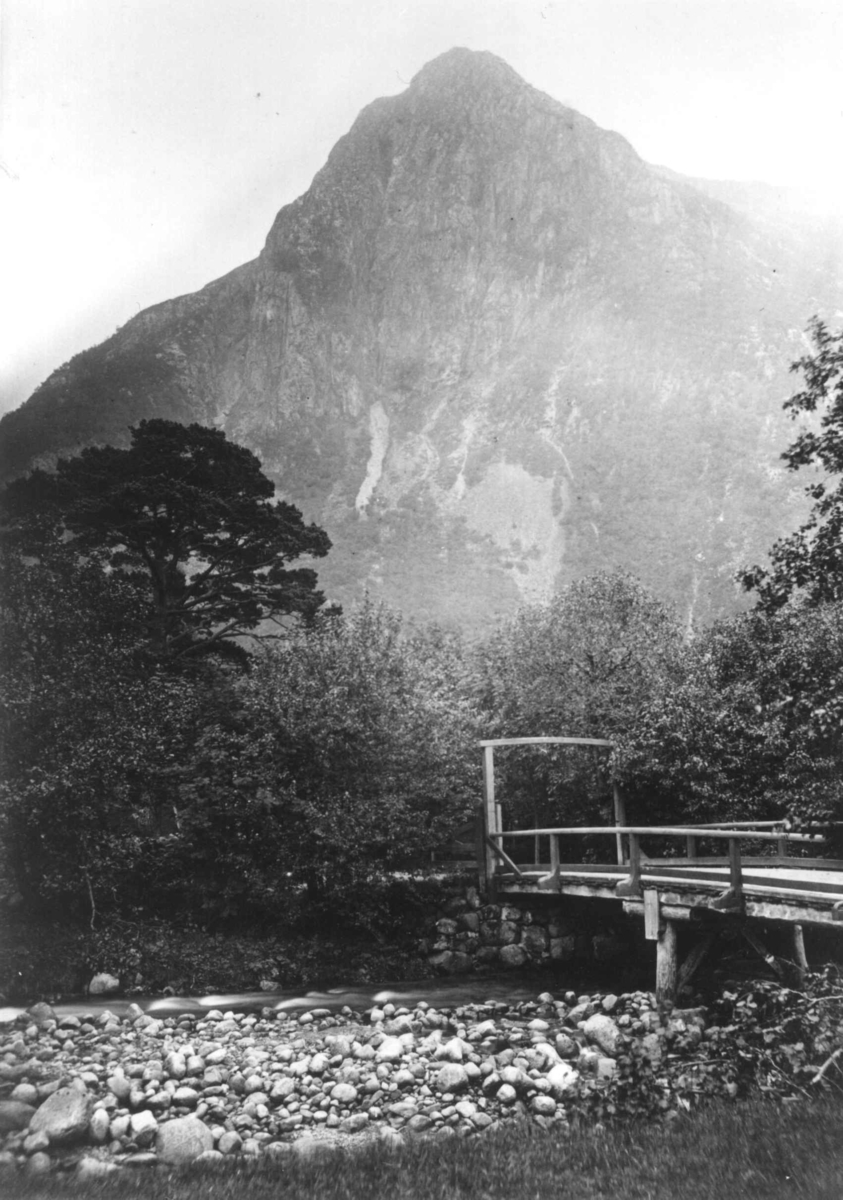 (13,5x18cm) 
Malmangernuten, et fjell  i Kvinnherad, Hordaland. Bro i forgrunnen av trær og landskap.