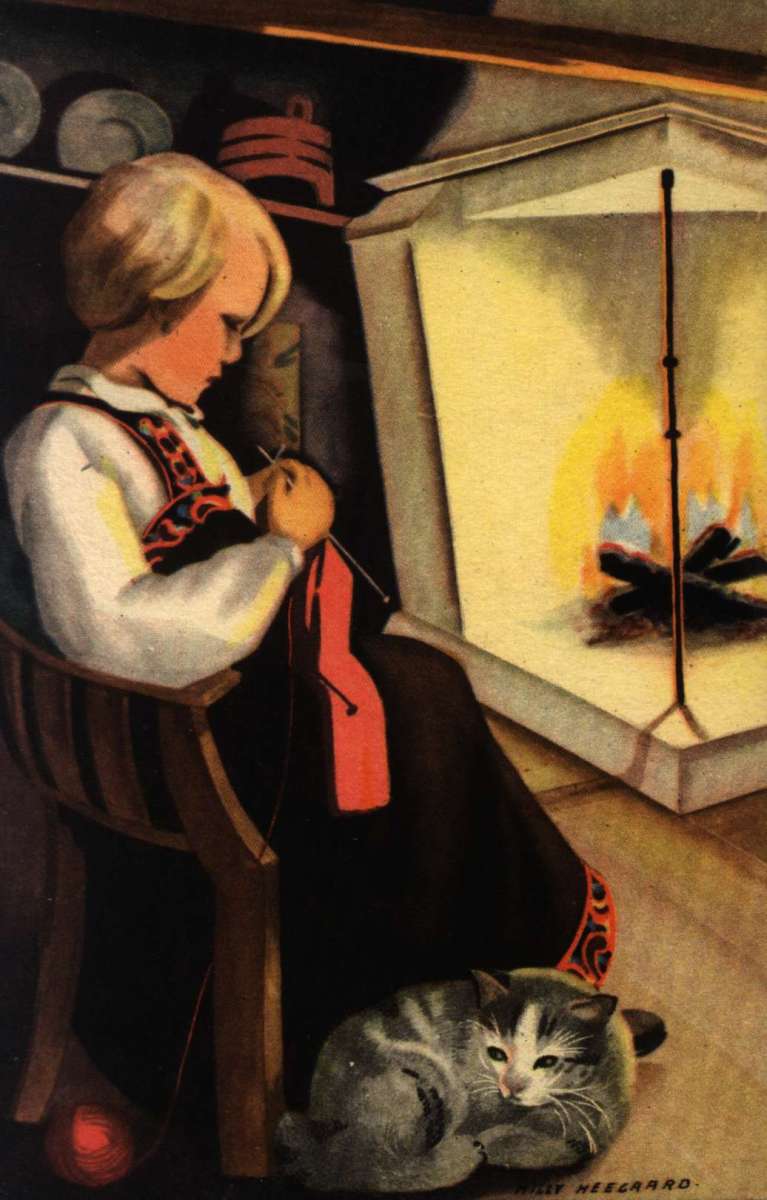 Julekort. Ubrukt. Bunadkledd jente strikker ved peisen. Illustrert av Milly Heegaard.