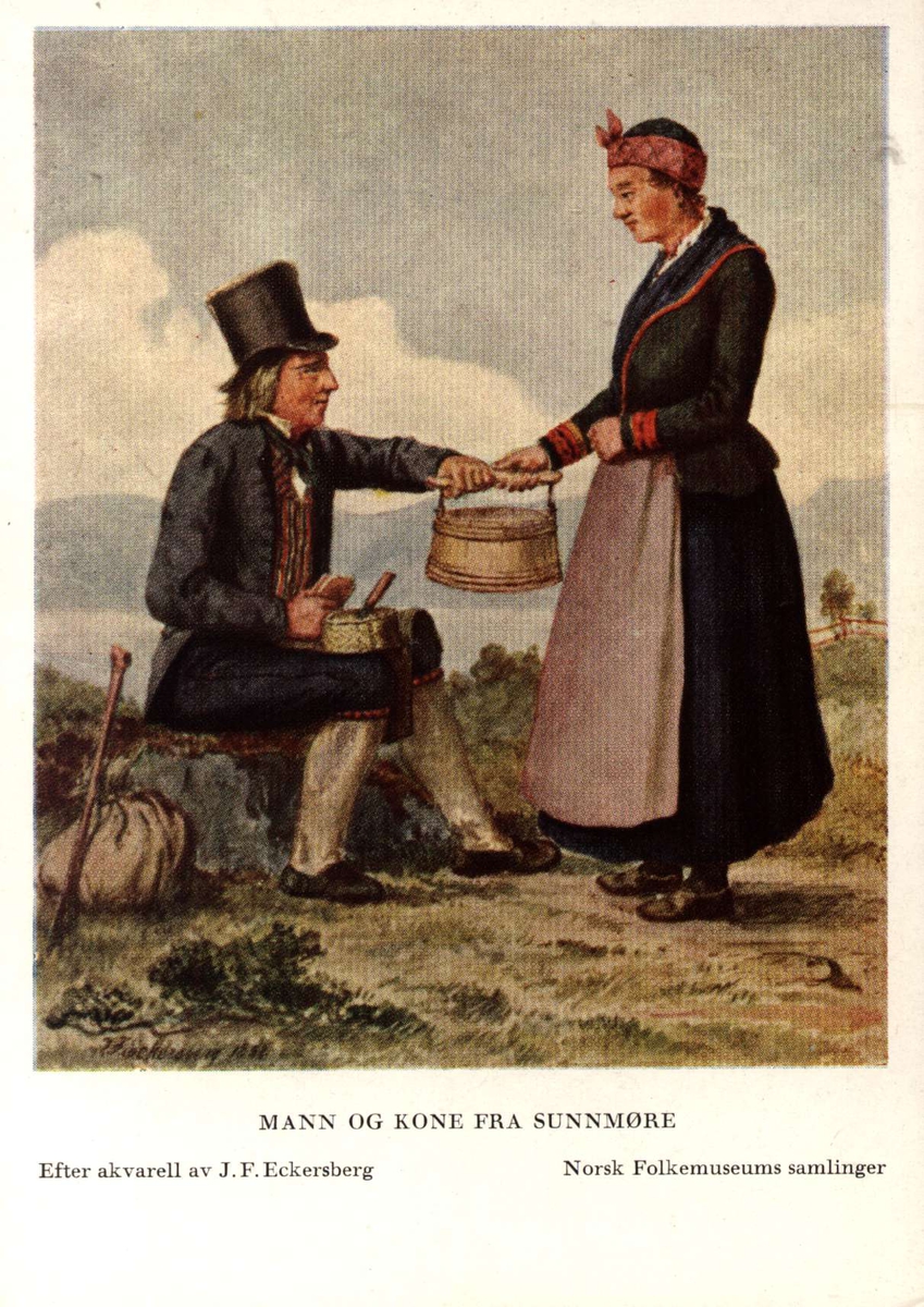 Postkort utgitt av Norsk Folkemuseum. Etter draktakvareller fra  JF Eckersberg. Mann og kone fra Sunnmøre.
