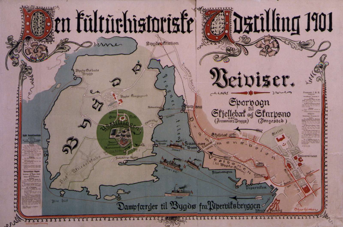 Plakat. Kart over Bygdøy og Norsk Folkemuseum og utstillingen "Den kulturhistoriske udstilling" fra 1901.