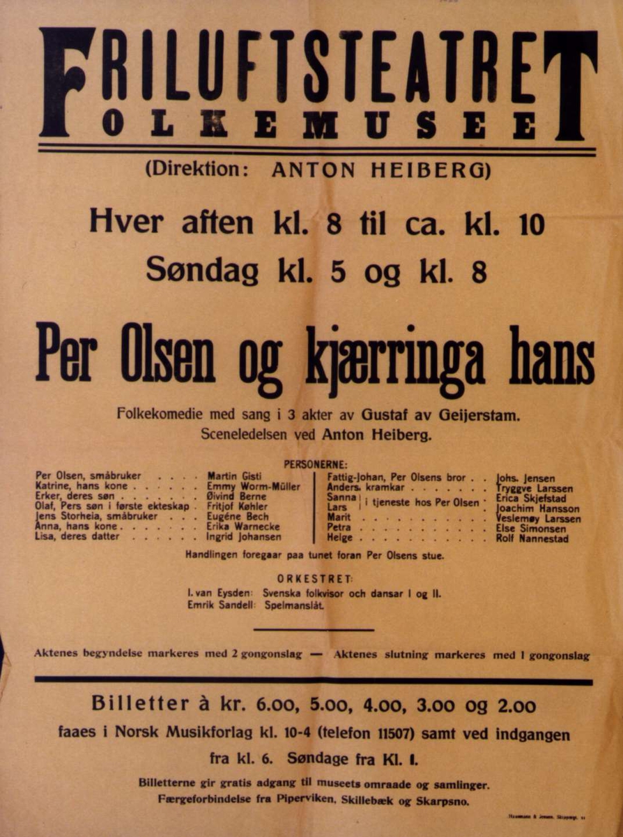 Plakat. Teaterforestilling for "Per Olsen og kjærringa hand" av Gustav av Geijerstam på Norsk Folkemuseum ca 1926.