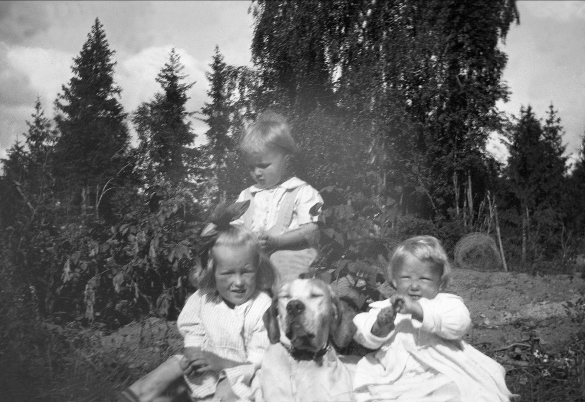 Tre barn og en hund sitter plassert i en hage. Robsahm og Lund.