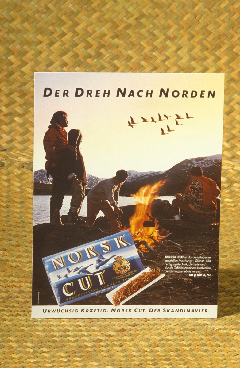 Reklame for Norsk cut tobakk. Fra presentasjon av Norsk cut 1986.