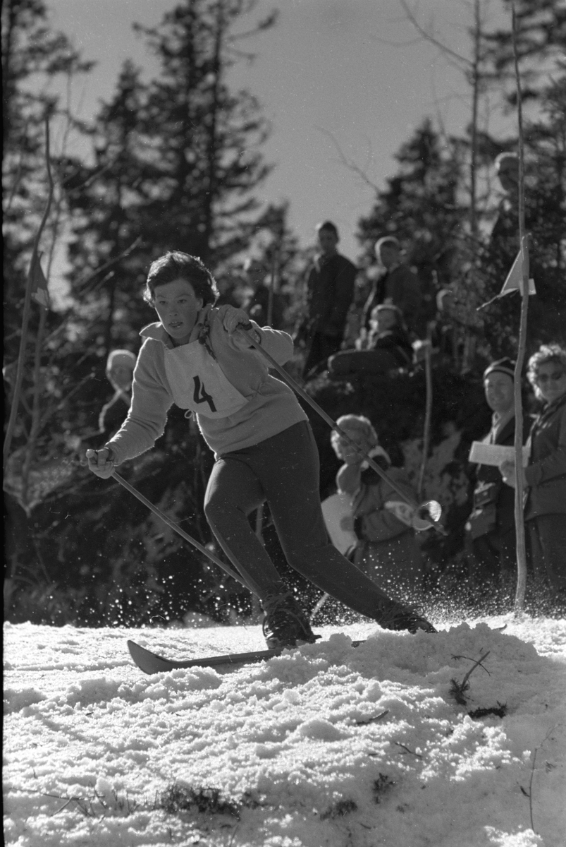 Dikke Eger med startnummer 4 i fin stil gjennom slalåmportene.  Blåveis-rennet, Kolsås 9. april 1961.  Fotografert av Johan Brun.
