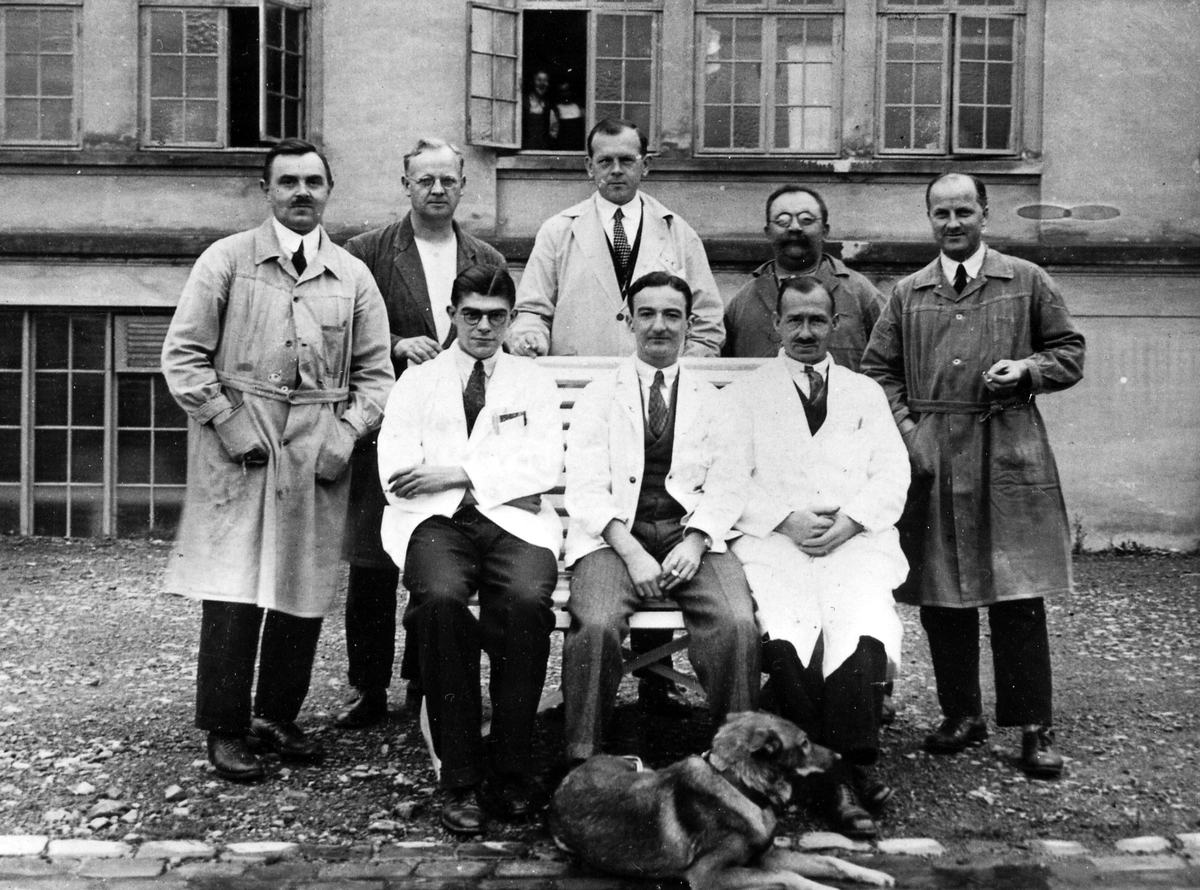 Bilde fra NETO tobakksfabrikk i Grefsenveien i Oslo. Gruppeportrett med åtte menn og en hund. Påskrift i album: "Bak: Pettersen, Johnsen, Lindgren Foran: 3 engelskmenn."