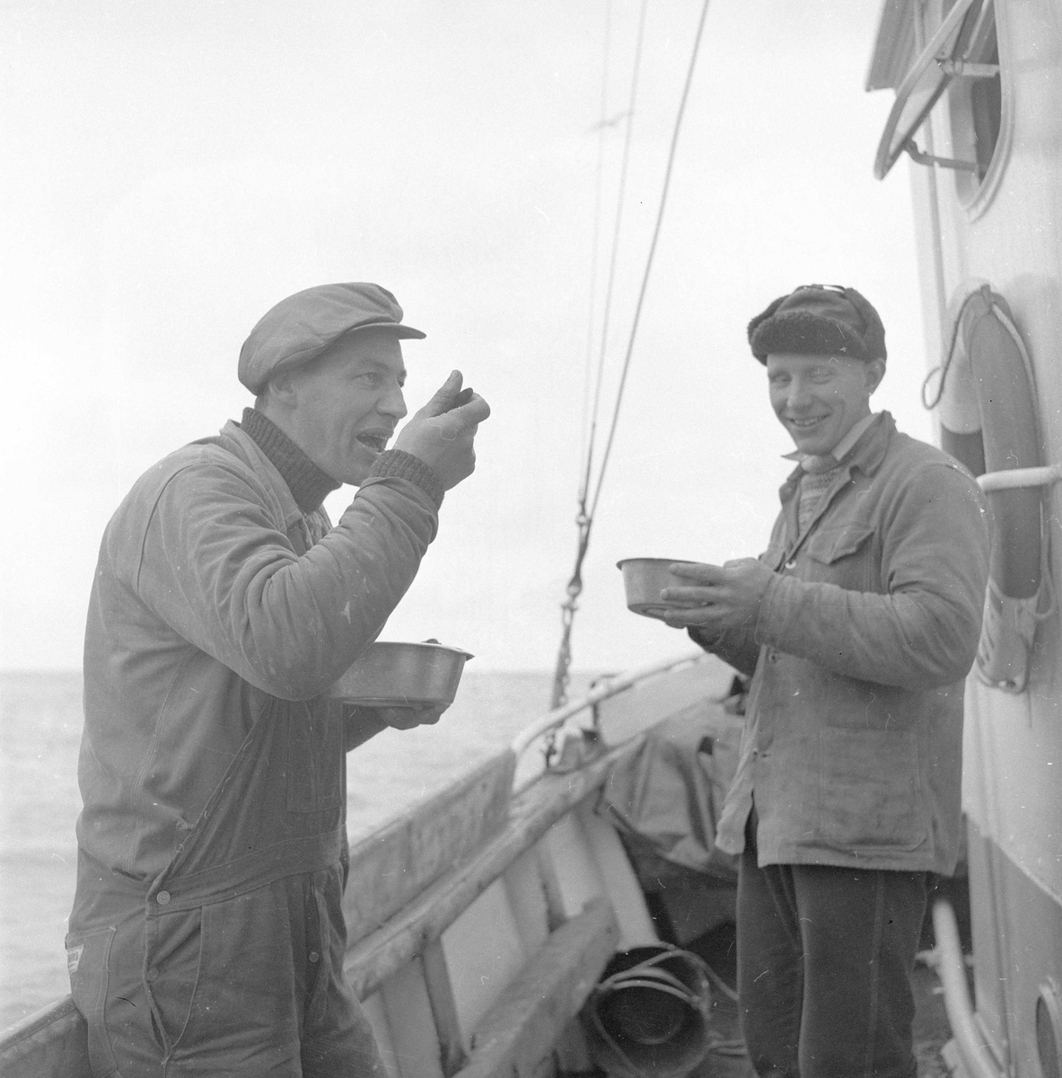 Pigghåfiske på Shetland.
Shetland, 14-22. mai 1958, mat på dekk for sultne karer.