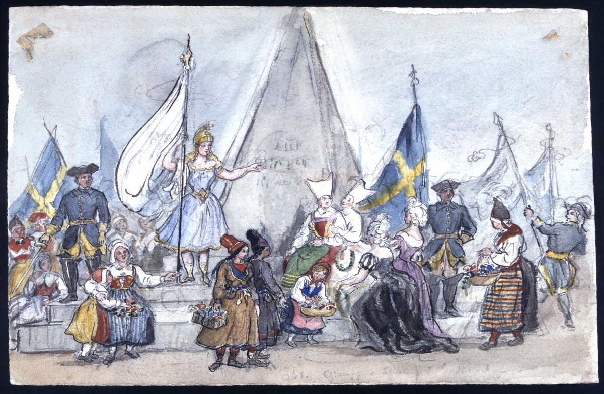 "1719 års Caroliner." Valkyria, kvinna i hovdräkt, drabanter, kvinnor och barn i folkdräkt, samer m. fl. Akvarell av Fritz von Dardel.