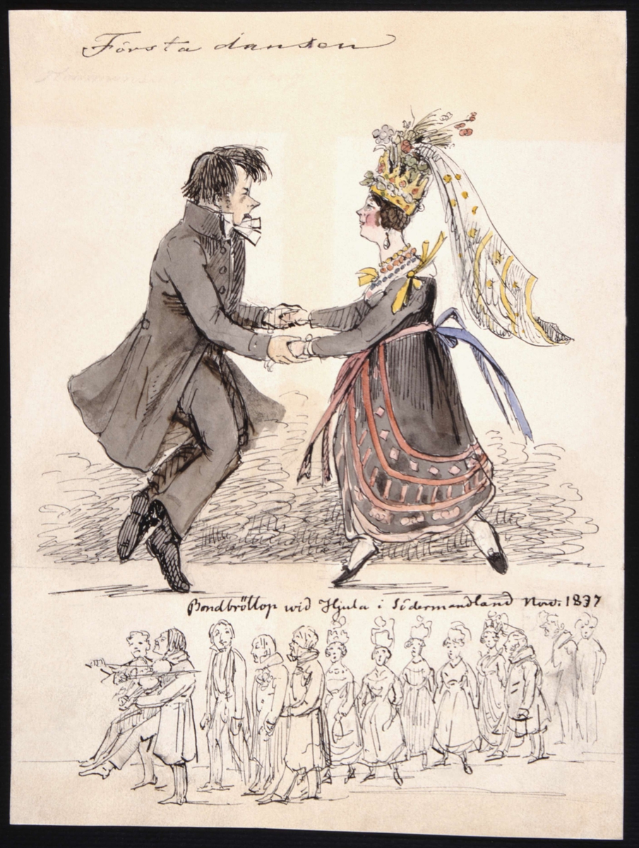 "Första dansen". "Bondbröllop vid Hjula i Södermanland nov. 1837". Akvarell av Fritz von Dardel, 1837