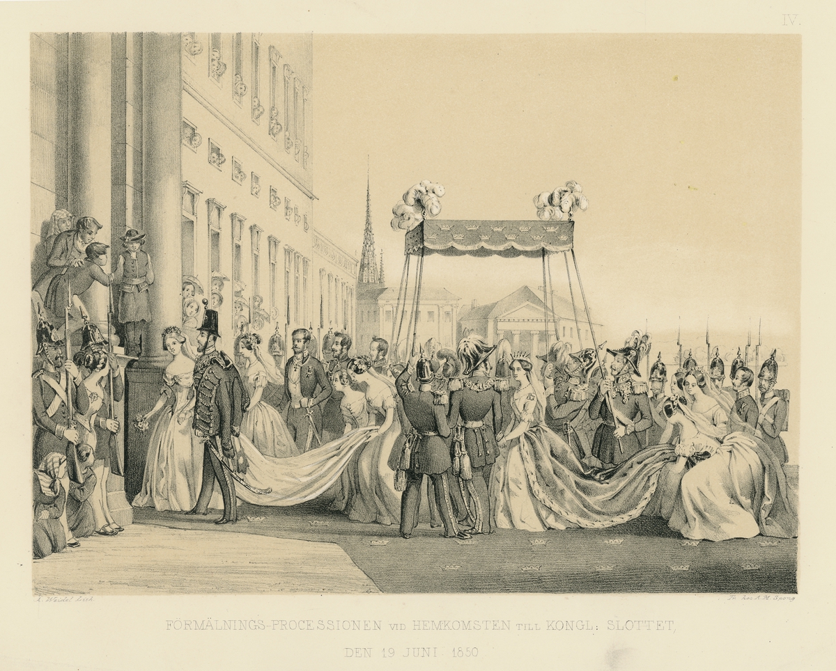 Litografi av A. Weidel. Hovliv, Karl XV och Lovisas av Nassau-Oraniens förmälning 1850. "Förmälningars-processionen vid hemkomsten till Kongl. slottet den 19 juni 1850."