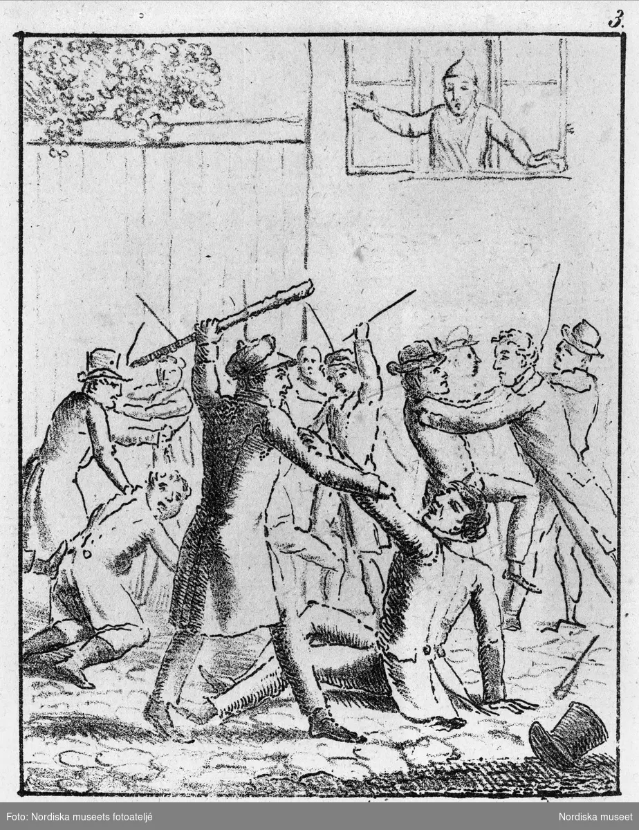 Teckning.
Slagsmål mellan studenter och gesäller.
Ur "Patron Gyllenhanks Lefverne och Bedrifter" Stockholm 1829, bild 3. 
