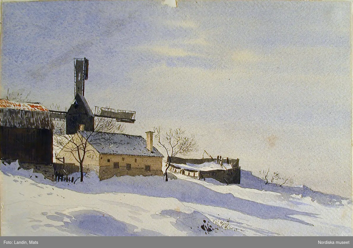 Akvarell av A T Gellerstedt. "Norra Brunn. I trakten av Johannes kyrka." Vinterbild med byggnader och en kvarn.