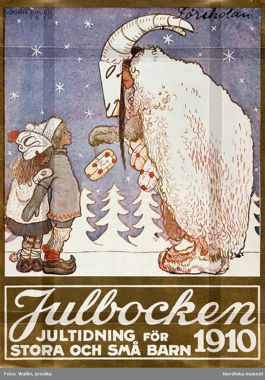 Den julklappsutdelande julbocken i konstnären John Bauers version. Ur Julbocken jultidning för stora och små barn, 1910.