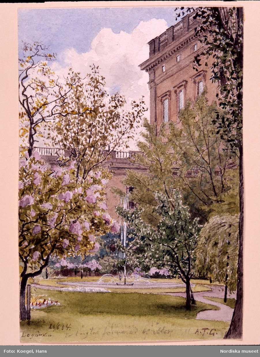 Akvarell av A T Gellerstedt 1884.06.28. Stockholm, Staden inom broarna. Kvarteret Tre Kronor, Kungliga Slottet.