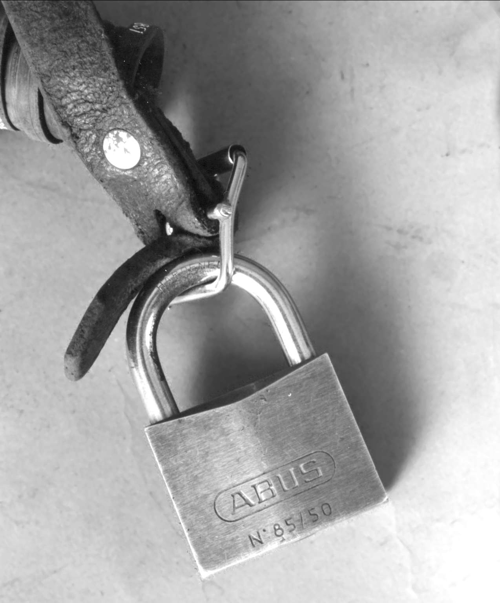 Hänglås av bronsfärgad metall och instansad text: ABUS NO 85/50 och LOCK CO. GERMANY.