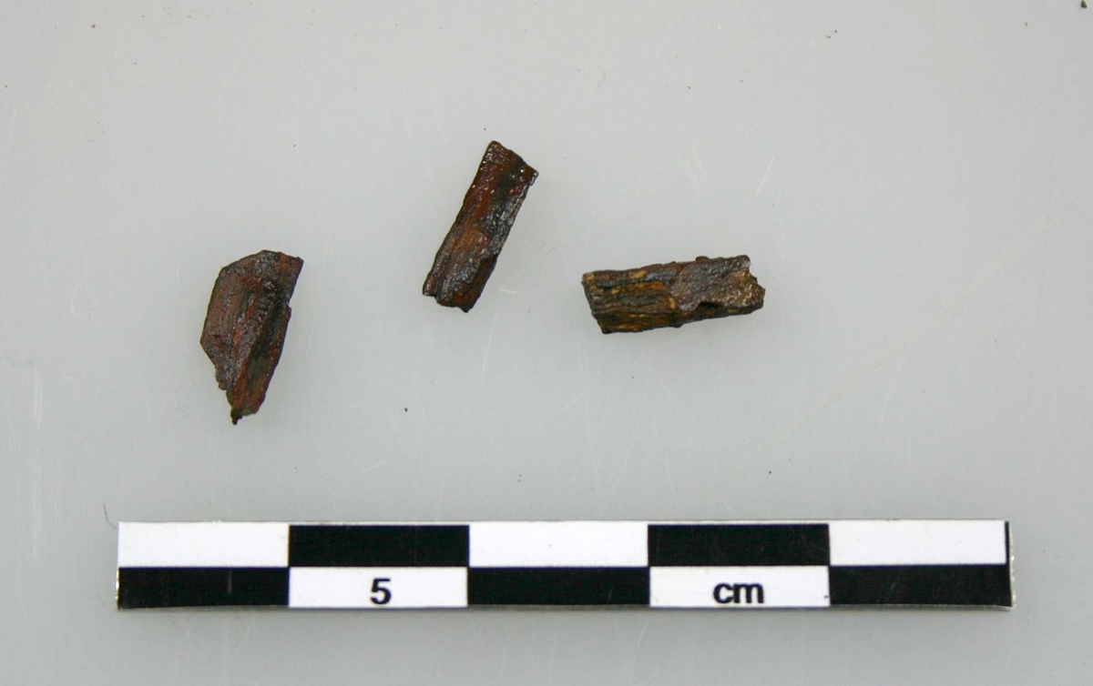 Tre fragment av järn,  eventuellt kistspiksfragment. 