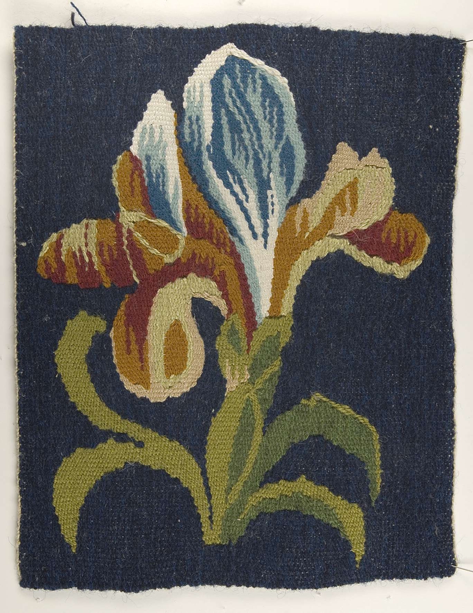 Bildväv föreställande en iris mot mörkblå bakgrund. Bilden är en flamskvävnad av ull och lin.