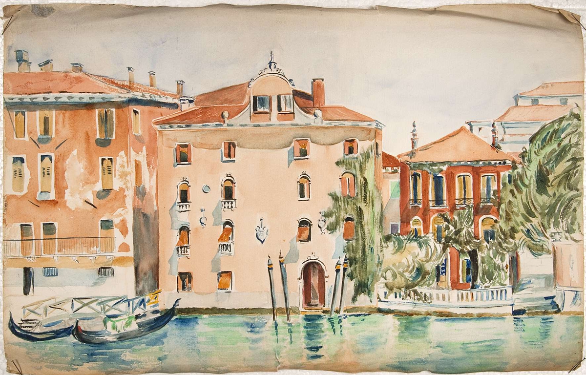 Kanal, gondoler och byggnader i Venedig, Italien.
