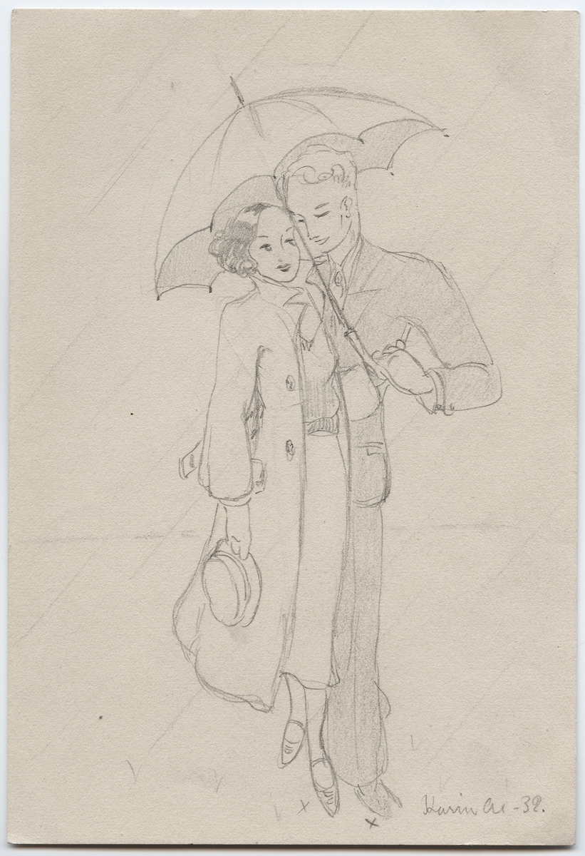 Kvinna och man promenerar i regn under paraply, 1930-tal