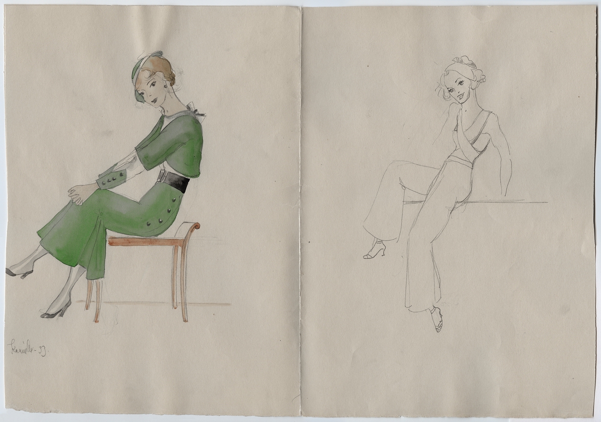 Kvinna i grön dräkt respektive kvinna i fritidskläder, 1930-tal