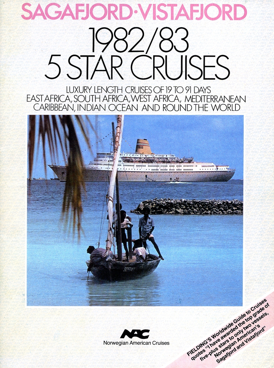 Katalog for M/S 'Sagafjord' (b.1965, Forges et Chantiers de la Méditerranée). og M/S 'Vistafjord' (b.1973, Swan Hunter Shipbuilders Ltd).