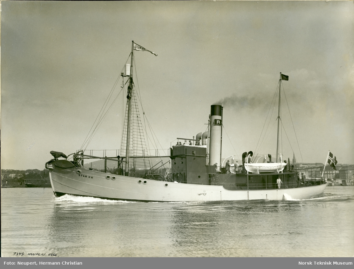 Eksteriør, hvalfangstskipet D/S Star XVI (senere omdøpt til D/S Indus 9), B/N 452. Skipet ble levert av Akers Mek. Verksted i 1930 til A/S Rosshavet (ved Johan Rasmussen & Magnus Konow, Sandefjord).