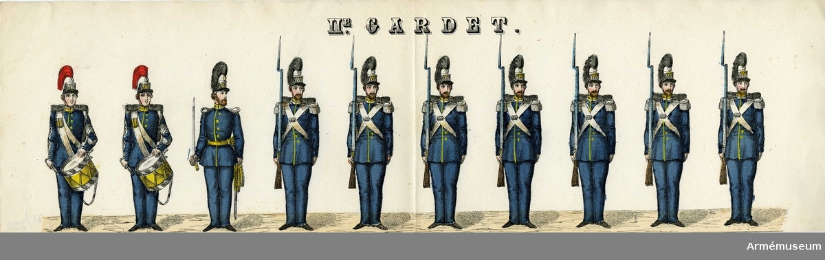 Grupp M I.
Kolorerad litografi föreställande "11:e Gardet".  5 st blad med 10 figurer vardera. H. Lederer i Stockholm (1860-69).