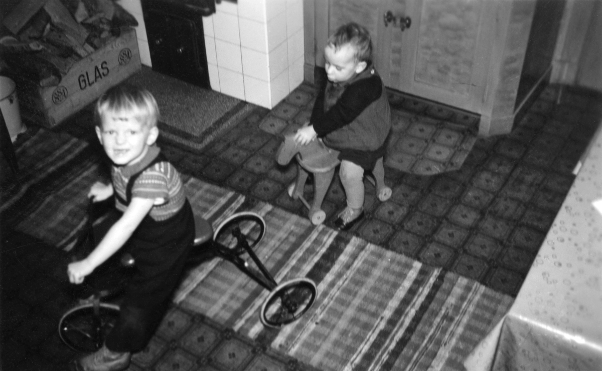 Två barn leker med en trehjulig cykel och en trähäst på hjul.
