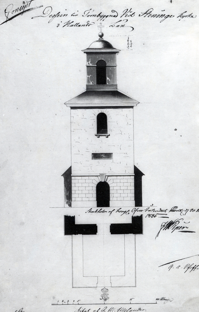 Steninge sn. Steninge kyrka. Om nuvarande tornbyggnaden uppförts efter Överintendentsämbetets ritning, hade tornet fått denna exteriör.