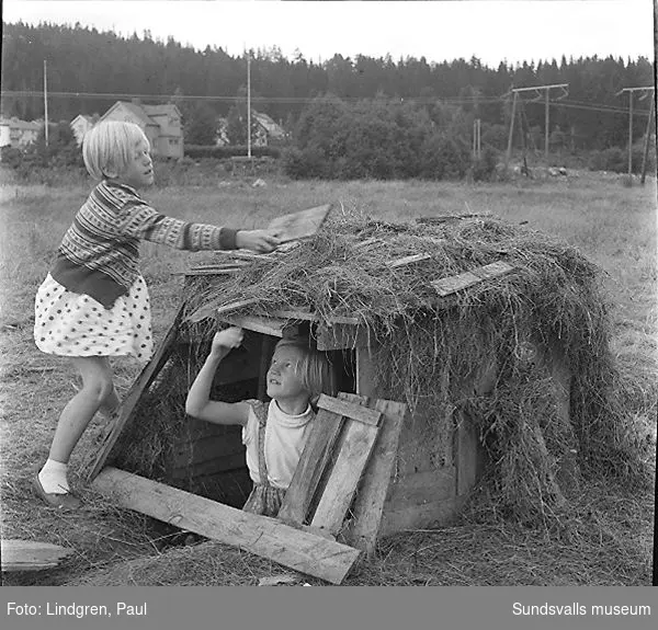 Två flickor bygger koja av hö och bräder på en lägda.