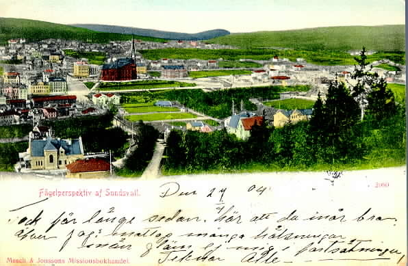 Vy över Sundsvall, taget från Norra Berget. Kolorerat brevkort.