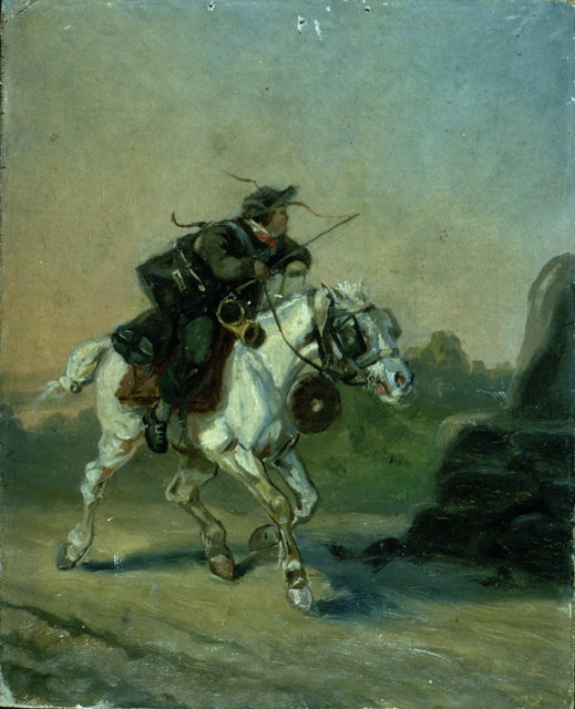 En svensk postryttare med posthorn, piska, brevväskor. Under halsen på hästen hänger en brödkaka.