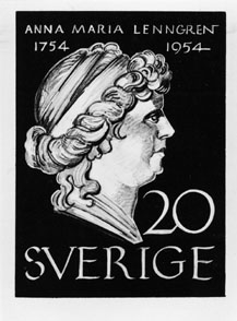 Förslag till frimärket Anna Maria Lenngren, utgivet 18/6 1954. 
A-M Lenngren (1754 - 1817), poet. Konstnär: Sven Ewert. Foton 30/5 1967. Skiss 3, enbart porträtt och text, stående bild. Valör 20 öre.