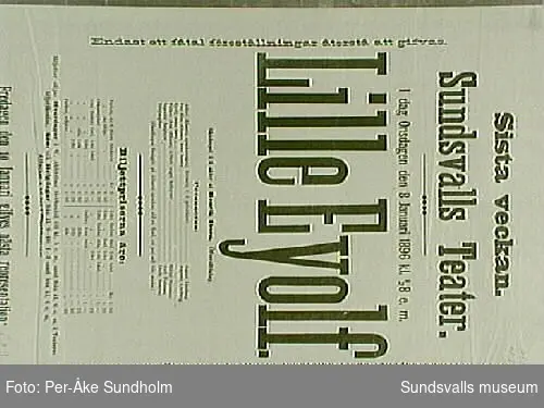 Teateraffisch ur Sundsvalls Teaterförenings arkiv, Folkrörelsearkivet, "Lille Eyolf", August Lindberg, Sundsvalls Teater, Onsdagen den 8 Januaria 1896 kl. 1/2 8 e.m.