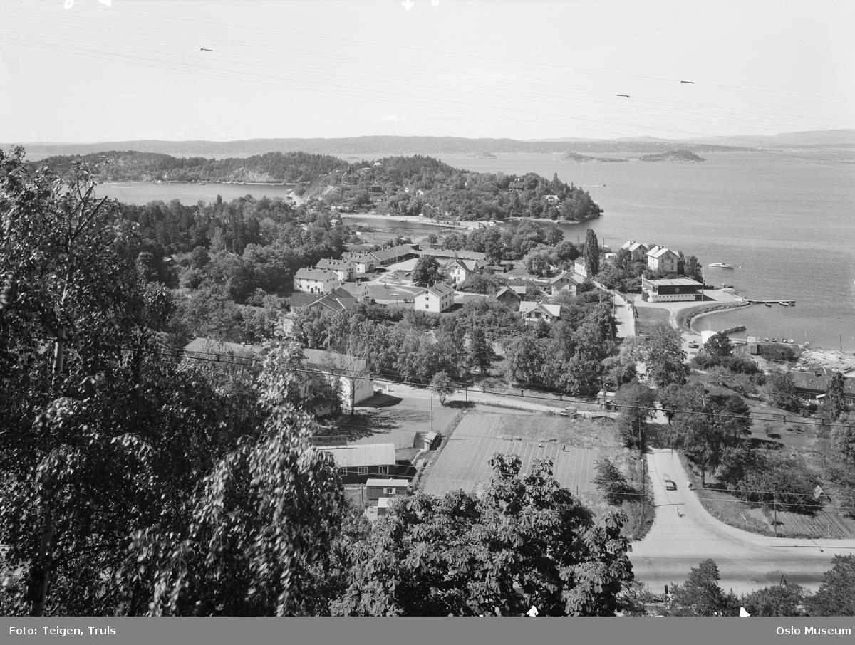 utsikt, Nedre Bekkelaget skole, veier, bebyggelse, sund, øyer, fjord