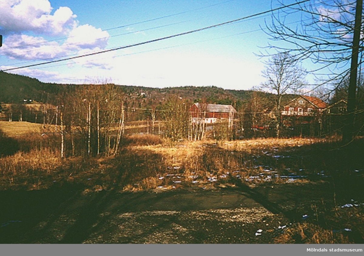 I bakgrunden ser man en röd lada och tillhörande hus, mars 1994.