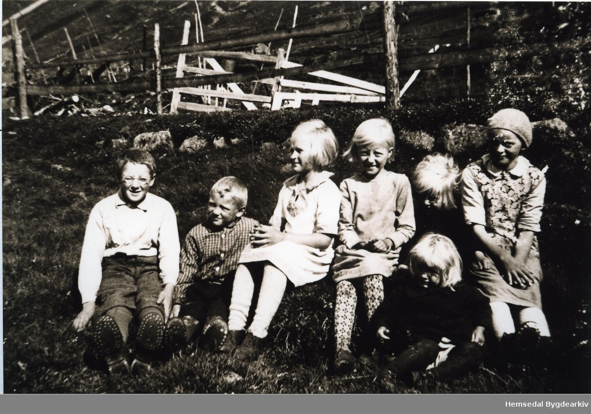 Biletet er teke på stølsområdet Ershovd i Hemsedal, ca. 1933.
Frå venstre: Torleiv Kirkebøen, Ola O. Venås, Arnhild Kirkebøen, Olaug Venås, Bergljot Venås, Elbjørg Venås og Ingrid Venås.