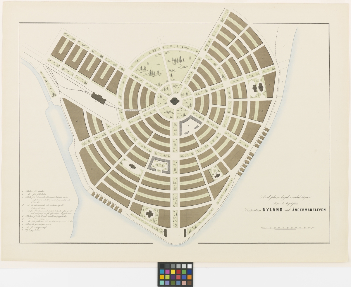 Teckningar för belysning af frågan om Stadsplaner. 13 blad.
Stadsplan lagd i cirkelbågar, Nyland