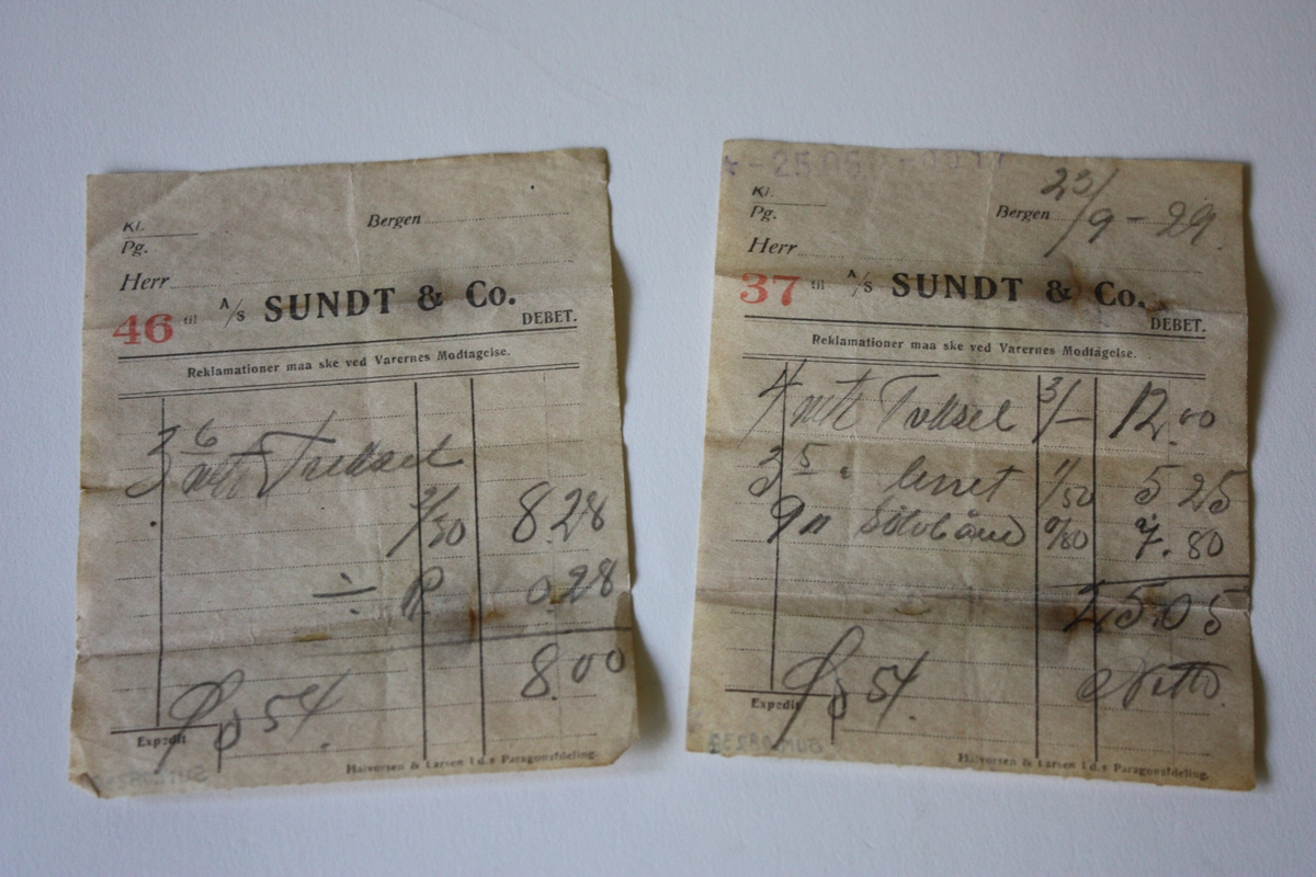 Standard kvitteringsark frå A/S Sundt & Co. Bergen