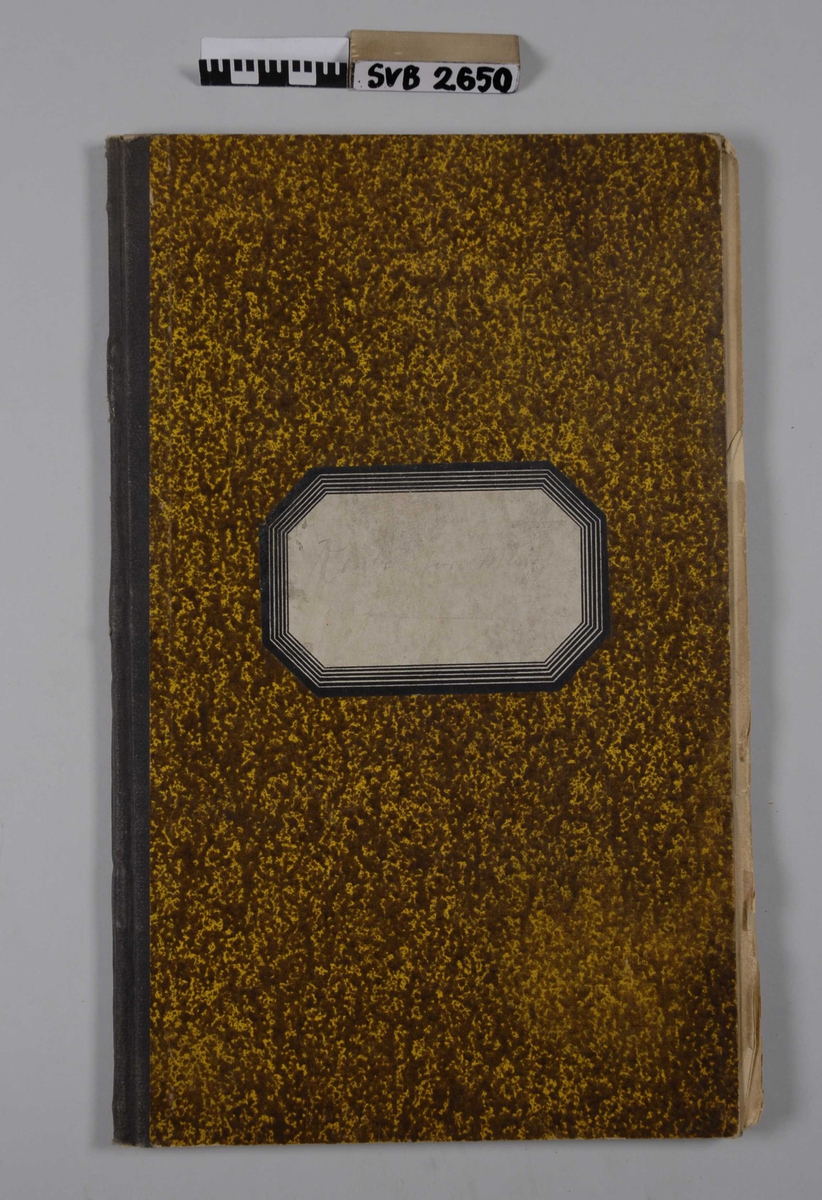 Notatbok fra 1924 med linjerte ark, omslag i brunt og gult, rygg i svart bomullslerret. 8-kantet etikett på forsiden.
4 doble, linjerte kladdeark ligger løst inne i boken
