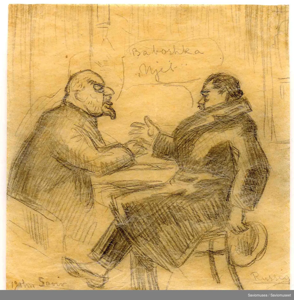 To russiske menn sitter ansikt mot ansikt og prater med hverandre. Begge er i profil, den ene er kledd i frakk og holder hatten sin i hånden, fra den andre kommer det en snakkeboble der det står "Baboshka, njet"