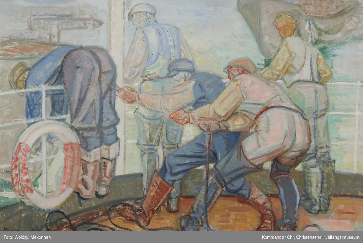 Hvalarbeider ved imottagelse av hval levert fra h/b til fl.k. Solglimt, 1939.
5 mann i arbeid på dekk