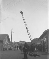 Mann på stige - kontroll av telefonledning ved Kragerø kulla