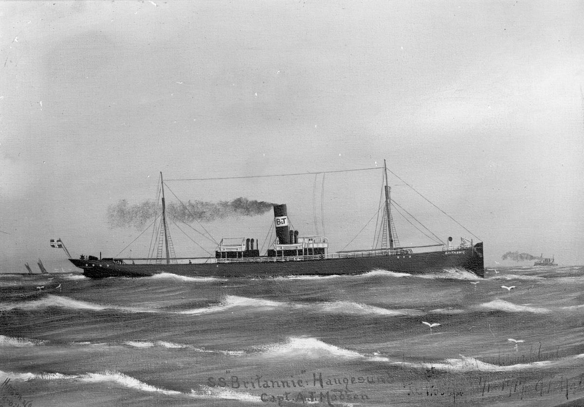 Avfotografert maleri av lasteskipet D/S "Britannic" fra Haugesund i åpent farvann.