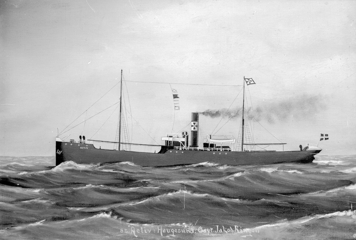 Avfotografert maleri av dampskipet D/S "Activ" i åpent farvann.