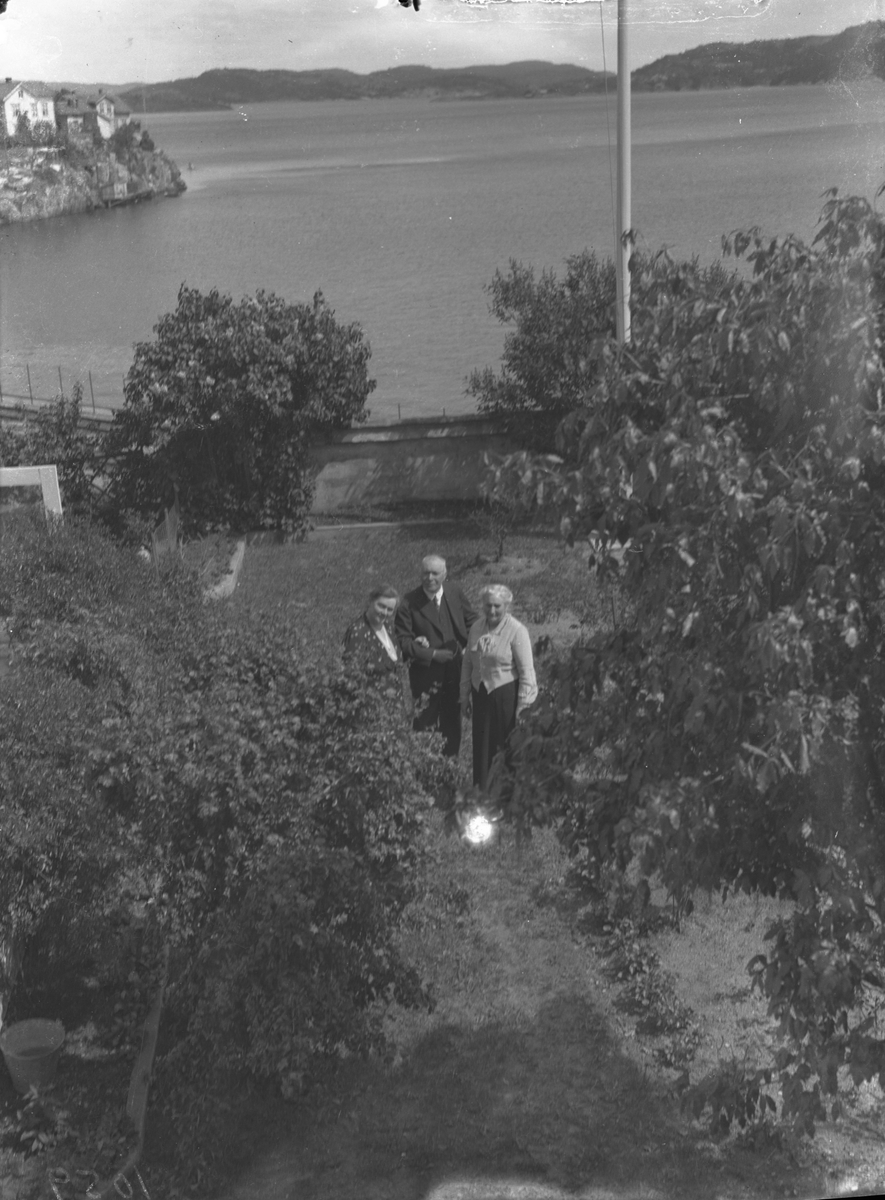 To kvinner og en mann i Lyng Olsens hage mot Kirkebukta. Kragerø