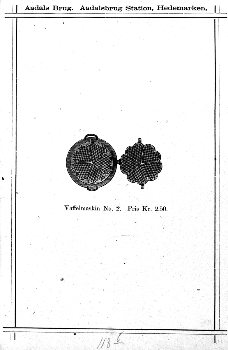 Avfotografert produktkatalog fra 1882. Illustrert katalog/prisliste fra Aadals Brug, Jern og metalstøperi. Ådalsbruk, Løten. 
