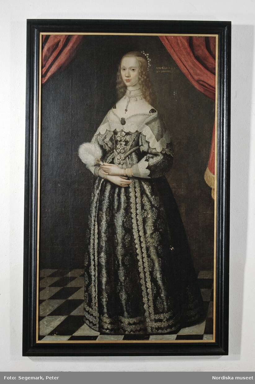 Porträtt föreställande Maria Sofia De La Gardie målat av Jakob Henrik Elbfas 1643. Nordiska museets föremål inv.nr 610722