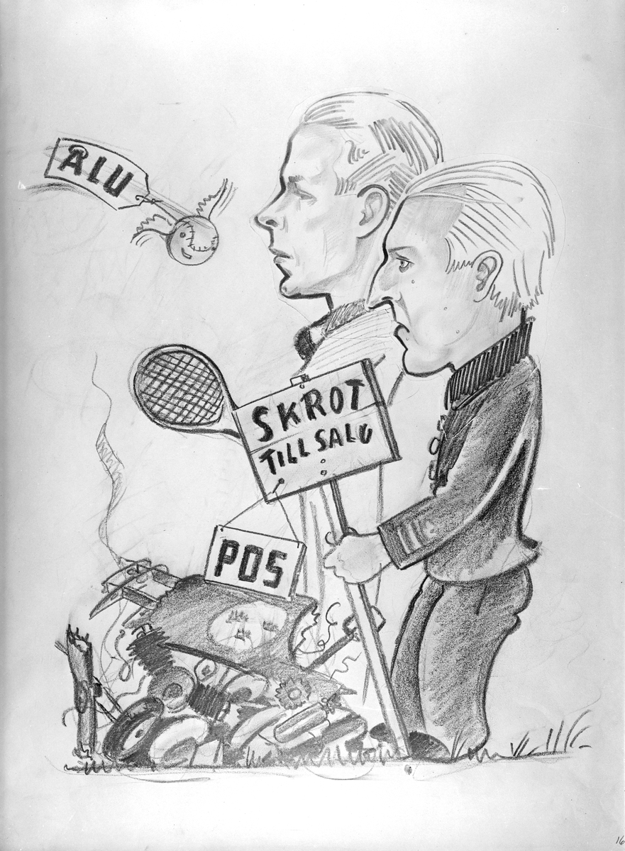 Karikatyrbild av militärer ur flygvapnet, 1930-tal.  Märkt 'ÅLU', 'POS'.   Avfotograferad teckning.