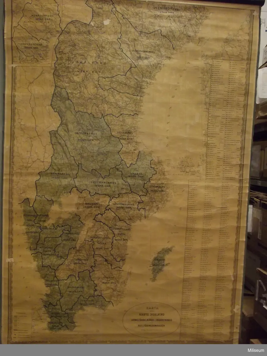 Karta öfver rikets indelning i arméfördelnings-, inskrifnings- och rullföringsområden enligt Kongl. Förordningen den 12 augusti 1901