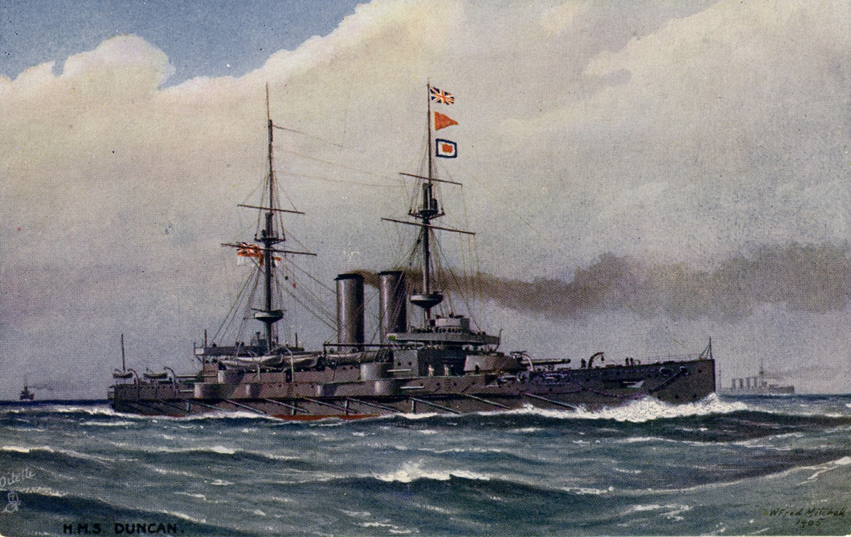 Det brittiska slagskeppet DUNCAN. Konstvykort.